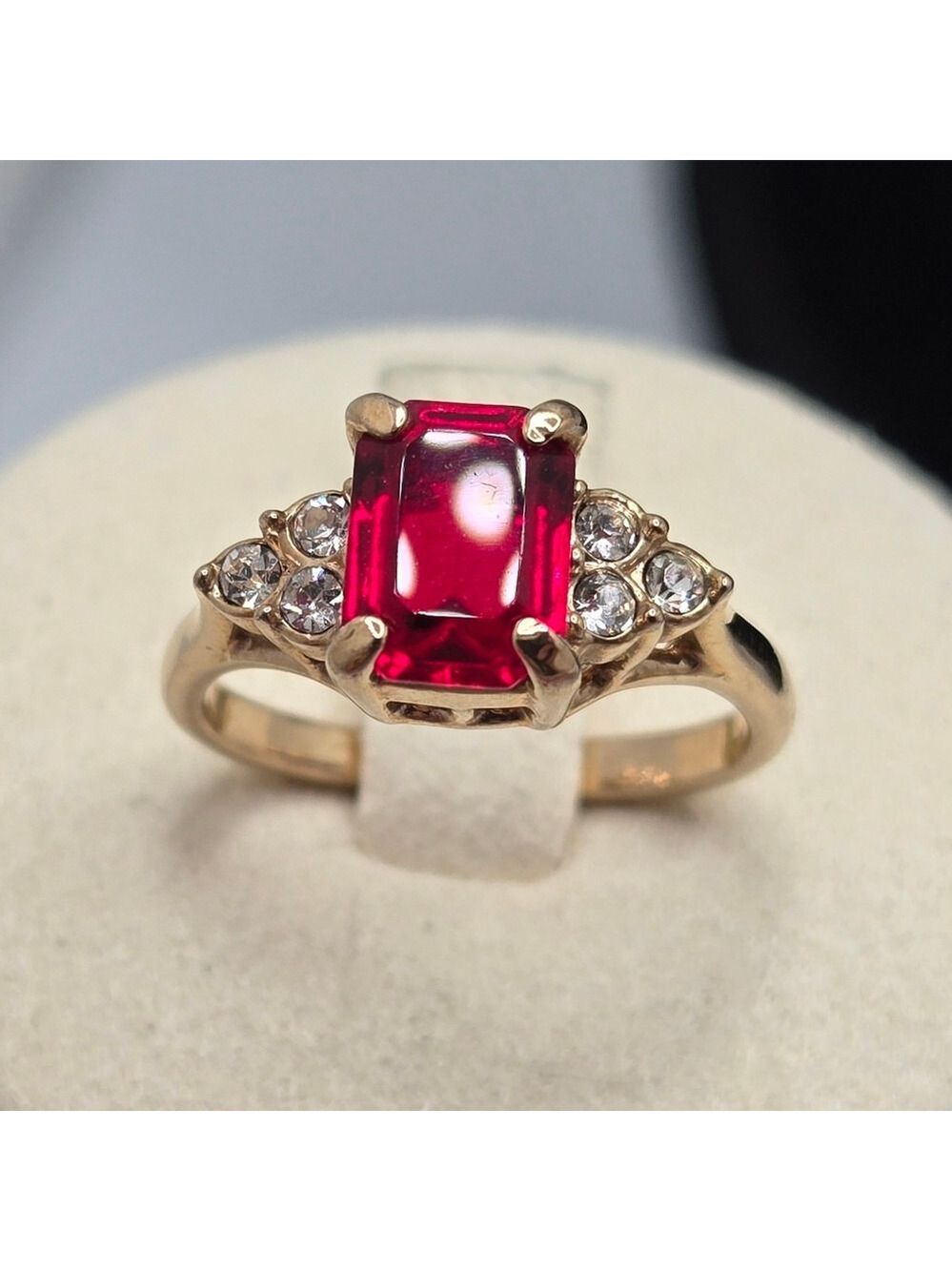 Ruby Red Gem & Clear Crystal Gold-Tone Ring Size 5.75